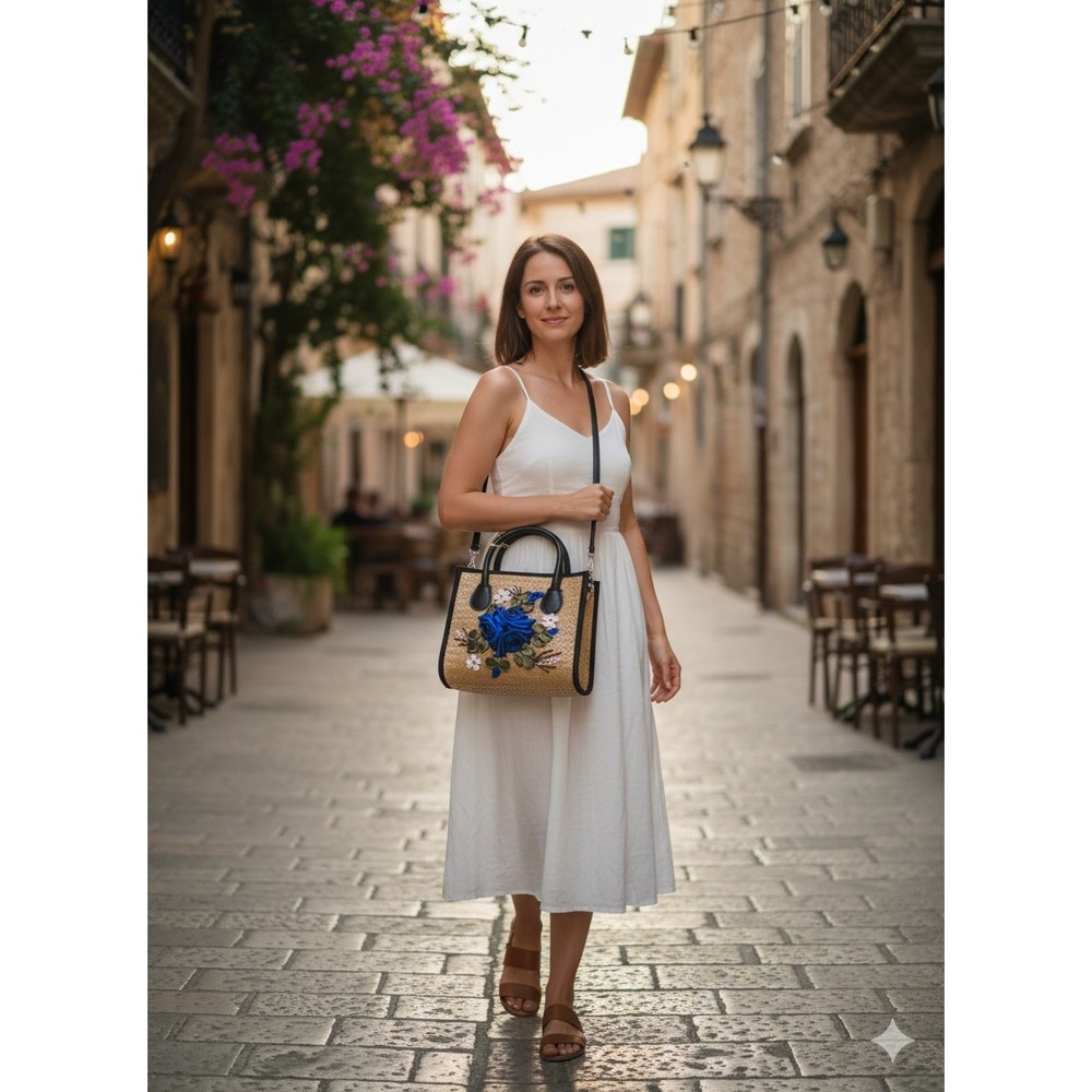 May Tre La Kieu Sam Handmade Straw Tote Tan Blue Floral Cottagecore Summer NWT